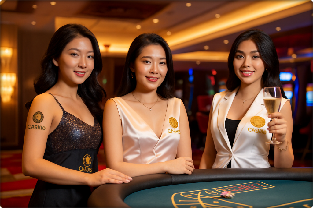윈덤카지노 테이블 앞에서 세 명의 딜러가 미소를 지으며 서 있는 모습